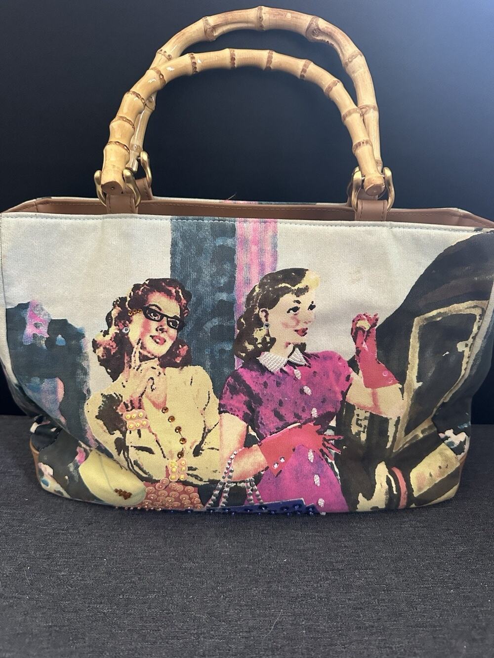 Paradox Retro Ladies Handbag Bamboo Handles Sequin Rhinestone Y2K Purse Tote